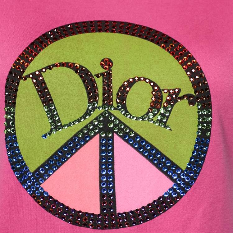 Pre Owned Christian Dior Boutique Pink Cotton Embellished Logo  Roundneck T-Shirt L