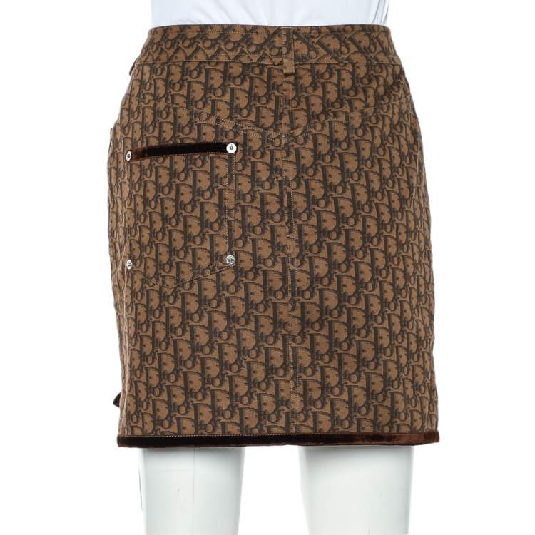 Pre Owned Christian Dior Brown Trotter Printed Denim Applique Detail Mini Skirt M