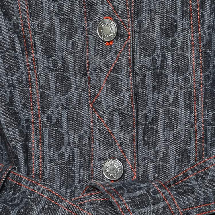 Pre Owned Christian Dior Navy Blue Trotter Patterned Denim Belted Coat L