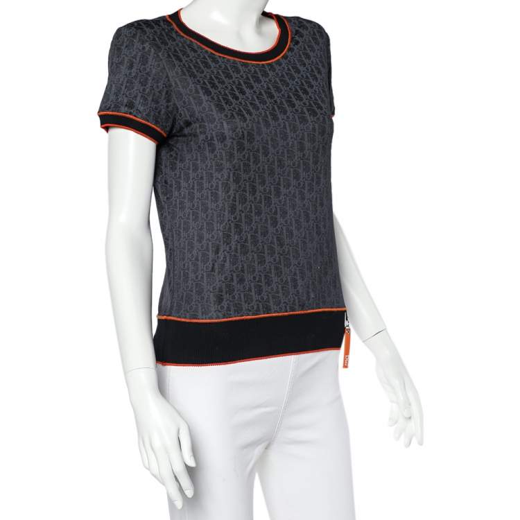 Pre Owned Christian Dior Navy Blue Trotter Patterned Jersey Contrast Detail T-Shirt L