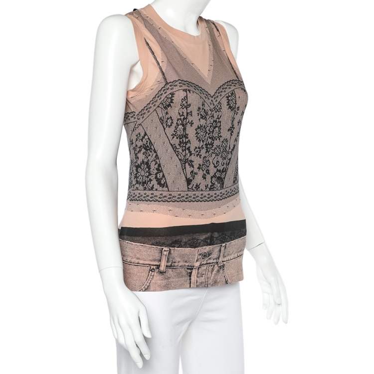 Pre Owned Christian Dior Pink Trompe L Oeil Printed Cotton Tank Top L