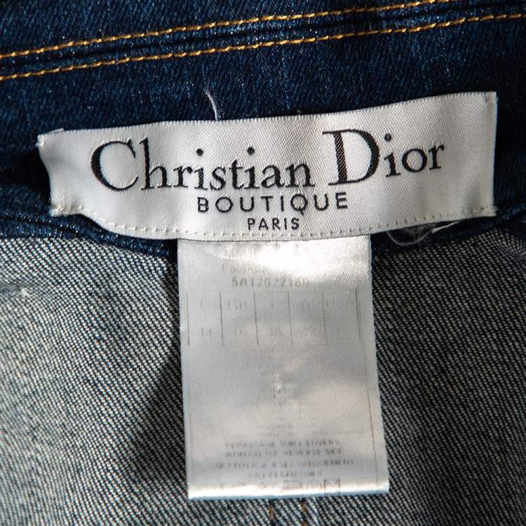 Pre Owned Christian Dior Navy Blue Floral Embroidered Denim Button Front Jacket L