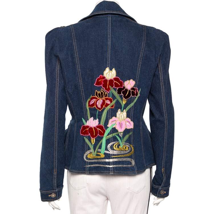 Pre Owned Christian Dior Navy Blue Floral Embroidered Denim Button Front Jacket L