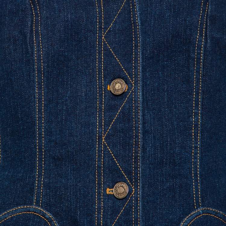 Pre Owned Christian Dior Navy Blue Floral Embroidered Denim Button Front Jacket L