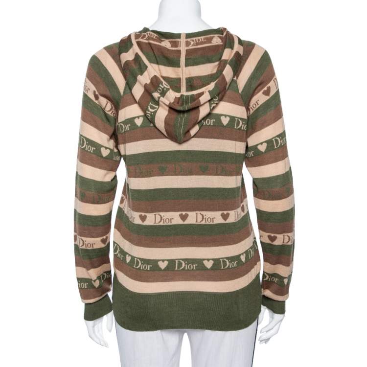 Pre Owned Christian Dior Brown Striped Logo Love Jacquard Hooded Sweatshirt M