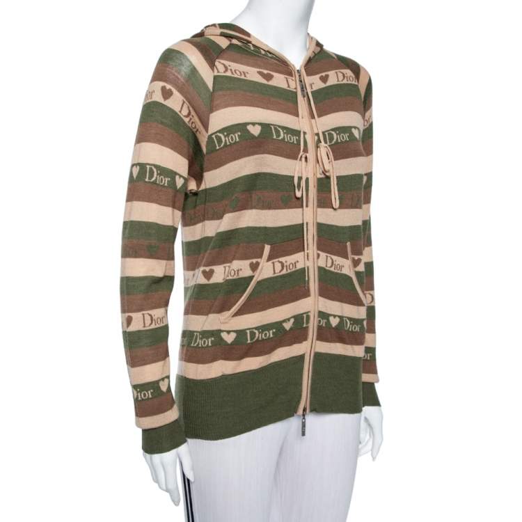 Pre Owned Christian Dior Brown Striped Logo Love Jacquard Hooded Sweatshirt M
