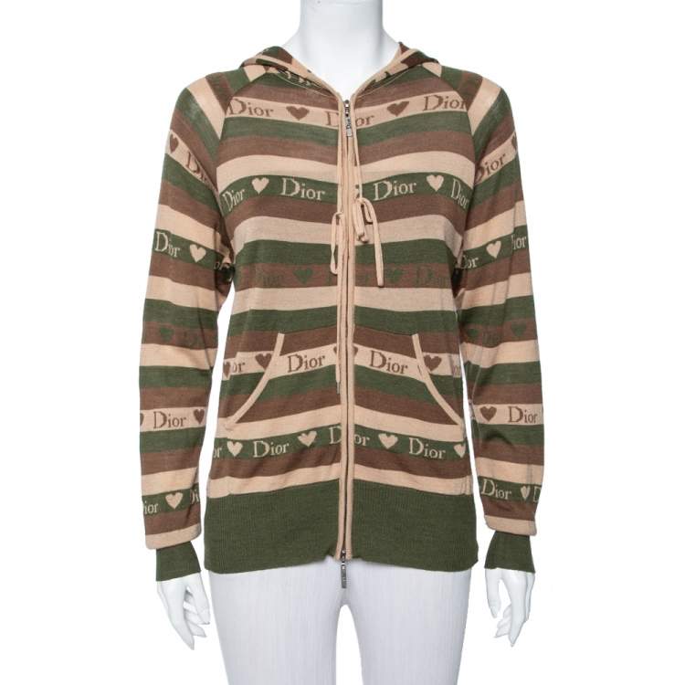 Pre Owned Christian Dior Brown Striped Logo Love Jacquard Hooded Sweatshirt M