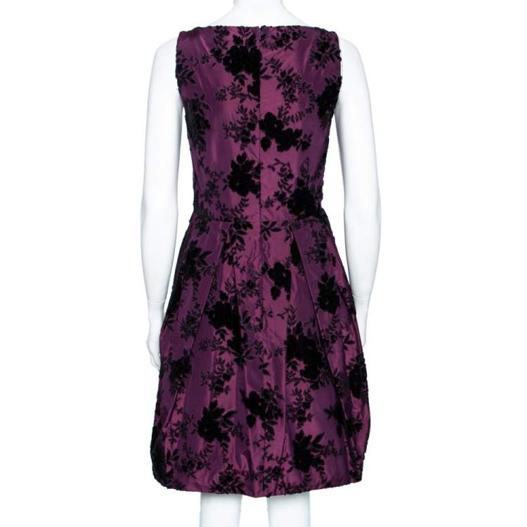 Pre Owned Christian Dior Purple Floral Flocked Silk Pleated Mini Dress S