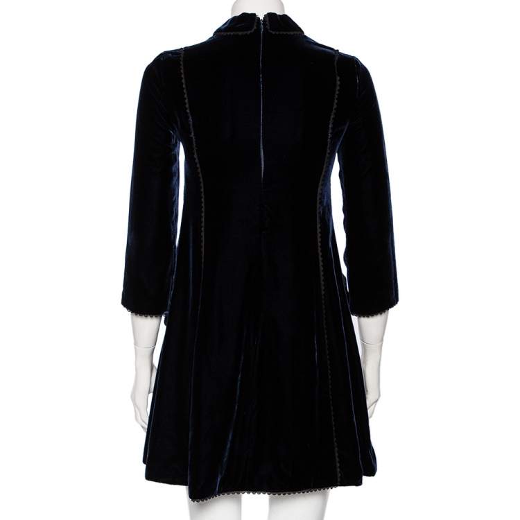 Pre Owned Christian Dior Midnight Blue Velvet Angel Applique Collared Mini Dress S