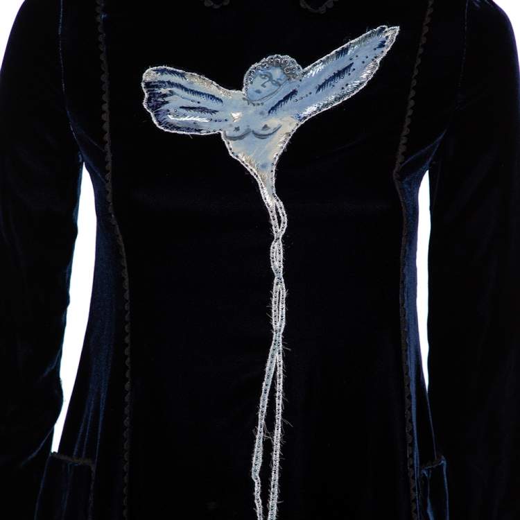 Pre Owned Christian Dior Midnight Blue Velvet Angel Applique Collared Mini Dress S