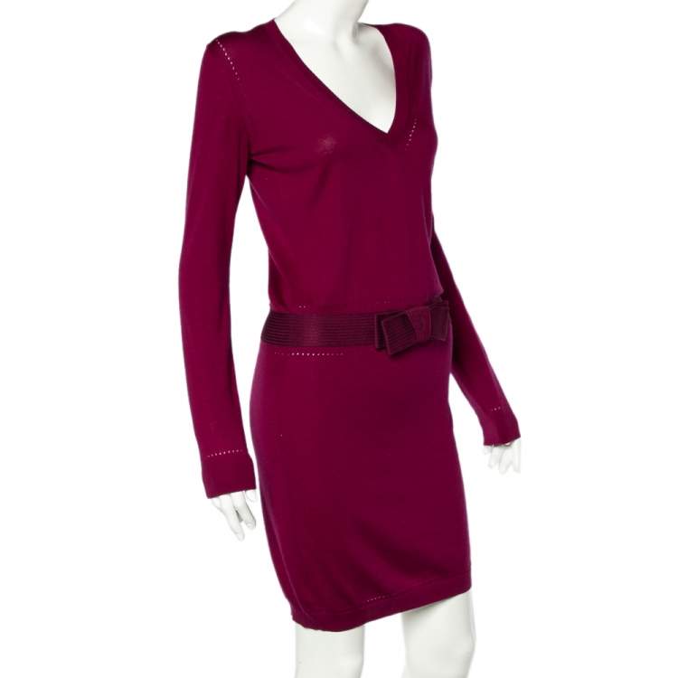 Pre Owned Christian Dior Magenta Cashmere & Silk Bow Trim Sweater Dress M