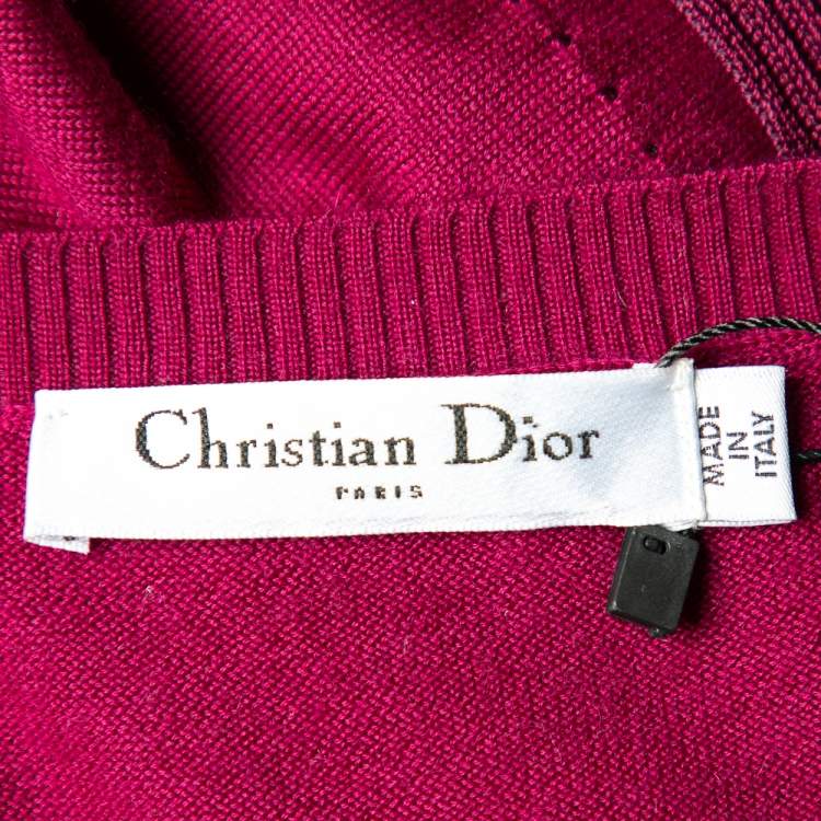 Pre Owned Christian Dior Magenta Cashmere & Silk Bow Trim Sweater Dress M