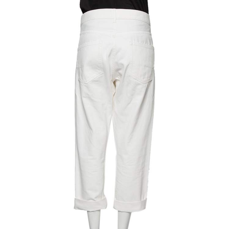 Pre Owned Dior White Distressed Denim Logo Selvedge Boyfriend Jeans L