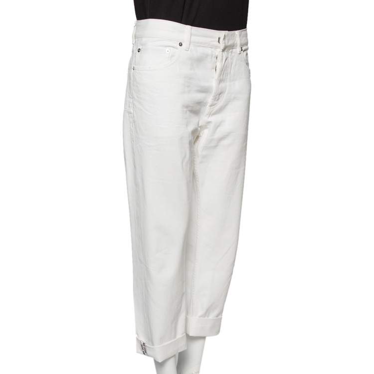 Pre Owned Dior White Distressed Denim Logo Selvedge Boyfriend Jeans L