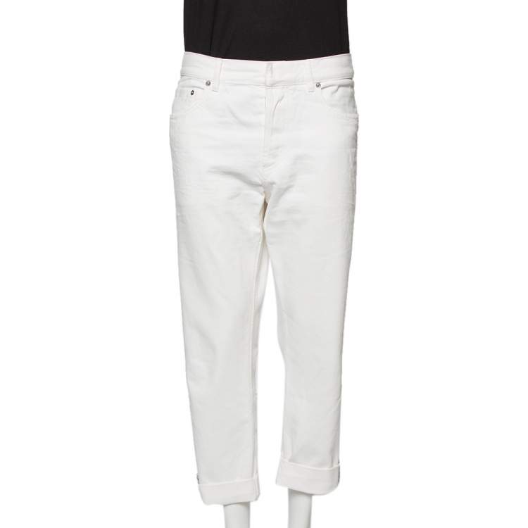 Pre Owned Dior White Distressed Denim Logo Selvedge Boyfriend Jeans L