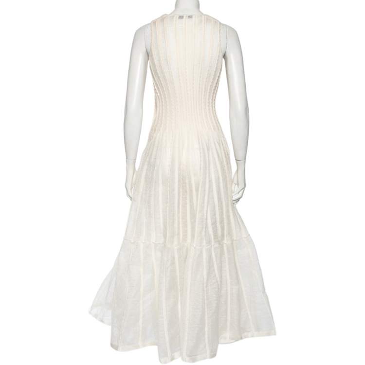 Pre Owned Dior Ivory Patterned Silk Knit Flared Sleeveless Gown S