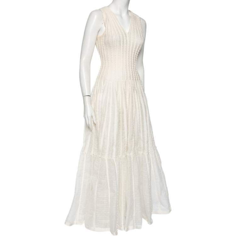 Pre Owned Dior Ivory Patterned Silk Knit Flared Sleeveless Gown S