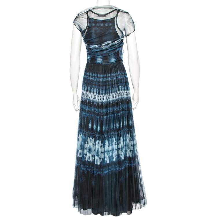 Pre Owned Dior Navy Blue Tie Dye Printed Tule Draped Off Shoulder Gown M