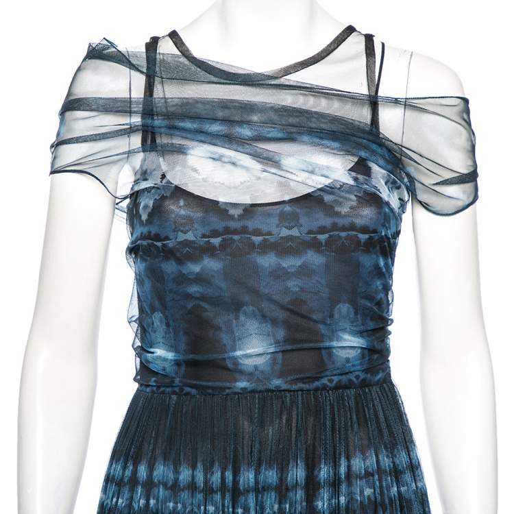 Pre Owned Dior Navy Blue Tie Dye Printed Tule Draped Off Shoulder Gown M