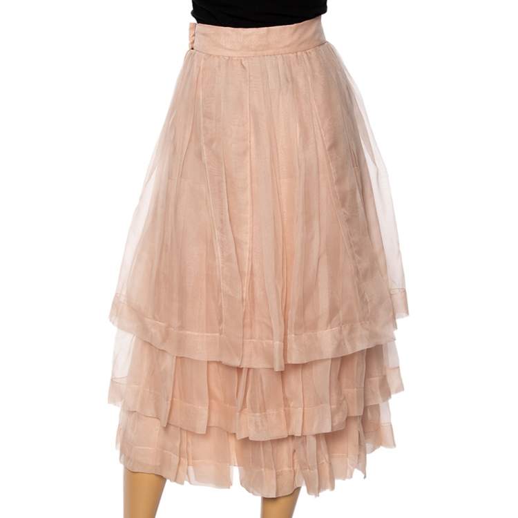 Pre Owned Dior Light Pink Silk Pleated Overlay Tiered Midi Skirt M