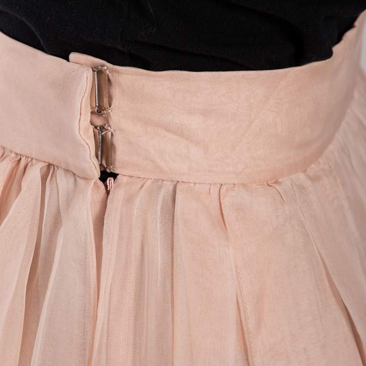 Pre Owned Dior Light Pink Silk Pleated Overlay Tiered Midi Skirt M