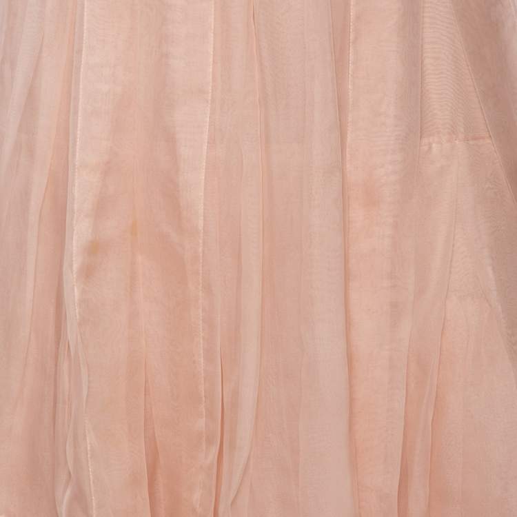 Pre Owned Dior Light Pink Silk Pleated Overlay Tiered Midi Skirt M