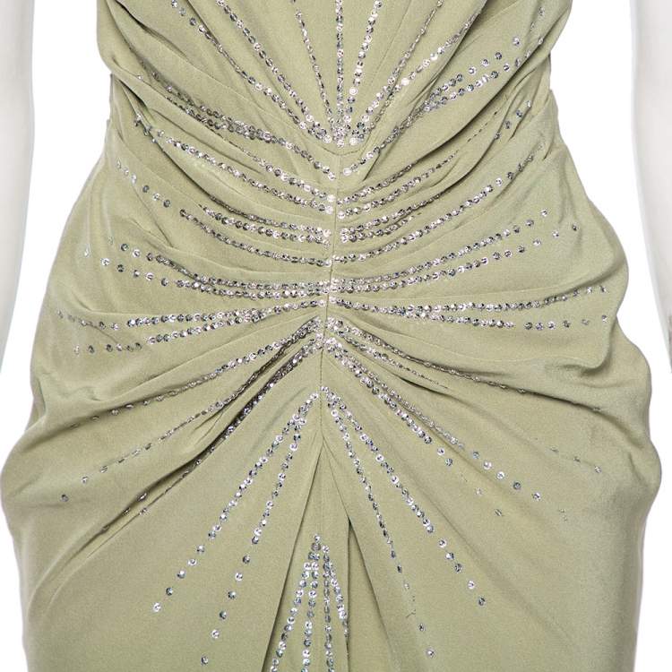 Pre Owned Dior Mint Green Silk Embellished Gathered Maxi Dress M