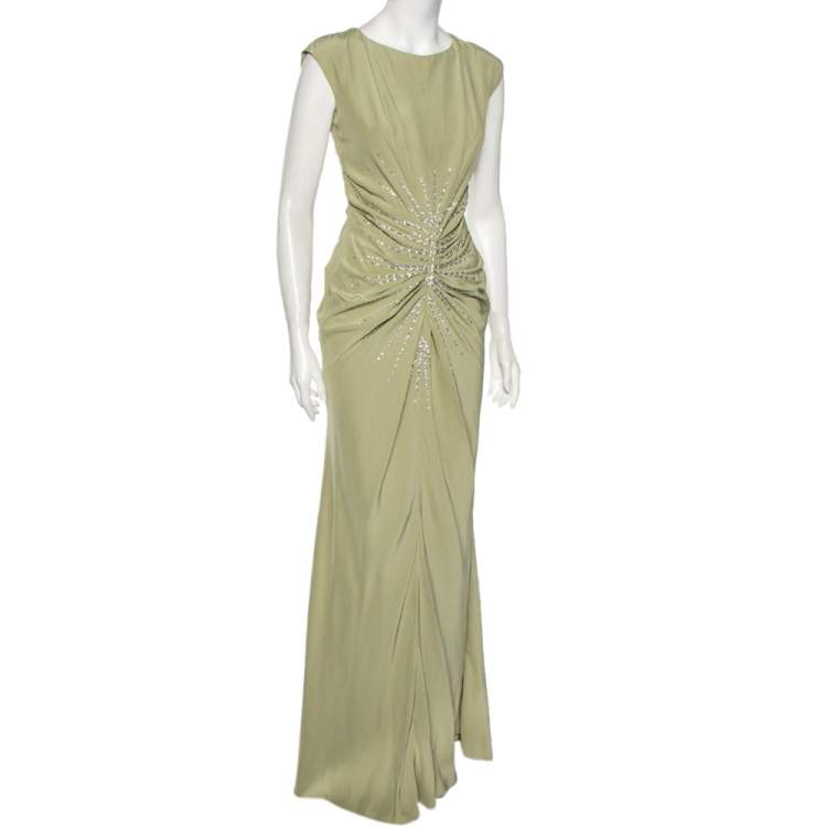 Pre Owned Dior Mint Green Silk Embellished Gathered Maxi Dress M
