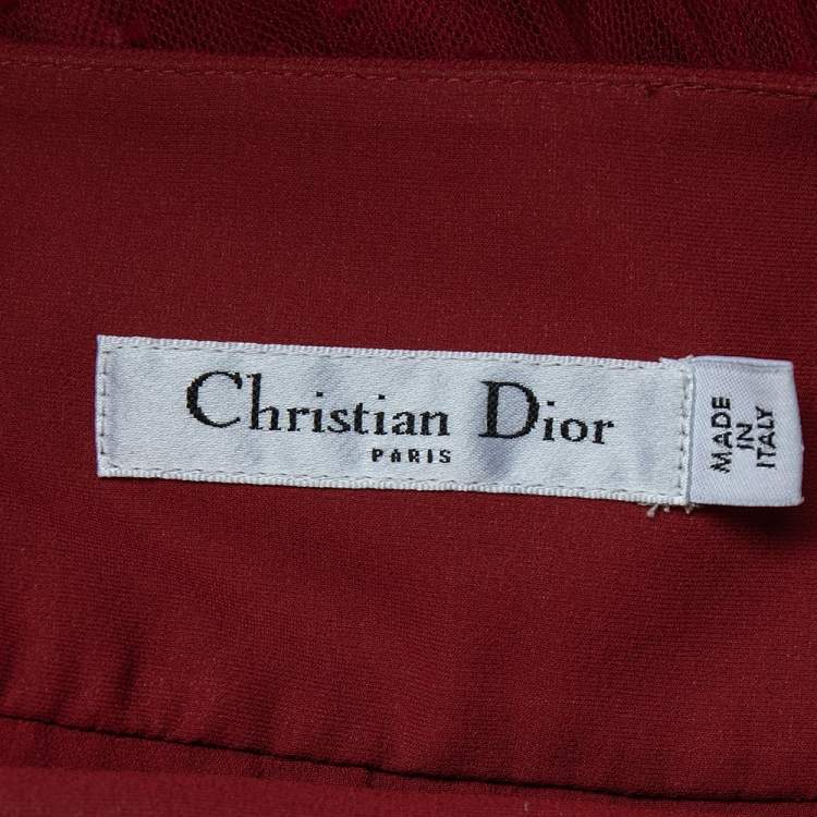 Pre Owned Christian Dior Red Polka Dot Tulle Pleated Midi Skirt M