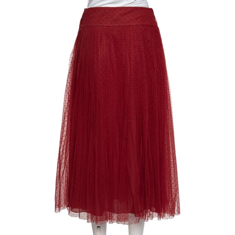 Pre Owned Christian Dior Red Polka Dot Tulle Pleated Midi Skirt M