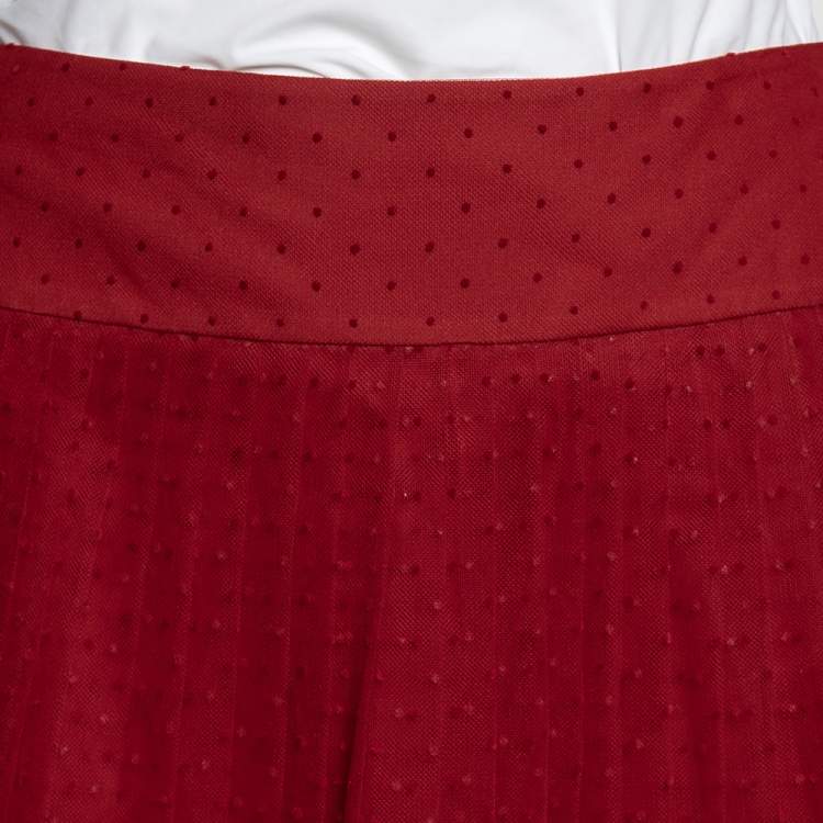 Pre Owned Christian Dior Red Polka Dot Tulle Pleated Midi Skirt M