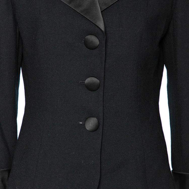 Pre Owned Dior Vintage Black Wool And Satin Trimmed Button Front Blazer L