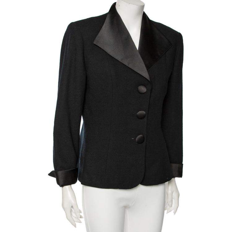 Pre Owned Dior Vintage Black Wool And Satin Trimmed Button Front Blazer L