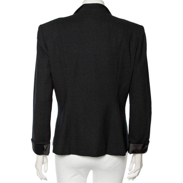 Pre Owned Dior Vintage Black Wool And Satin Trimmed Button Front Blazer L