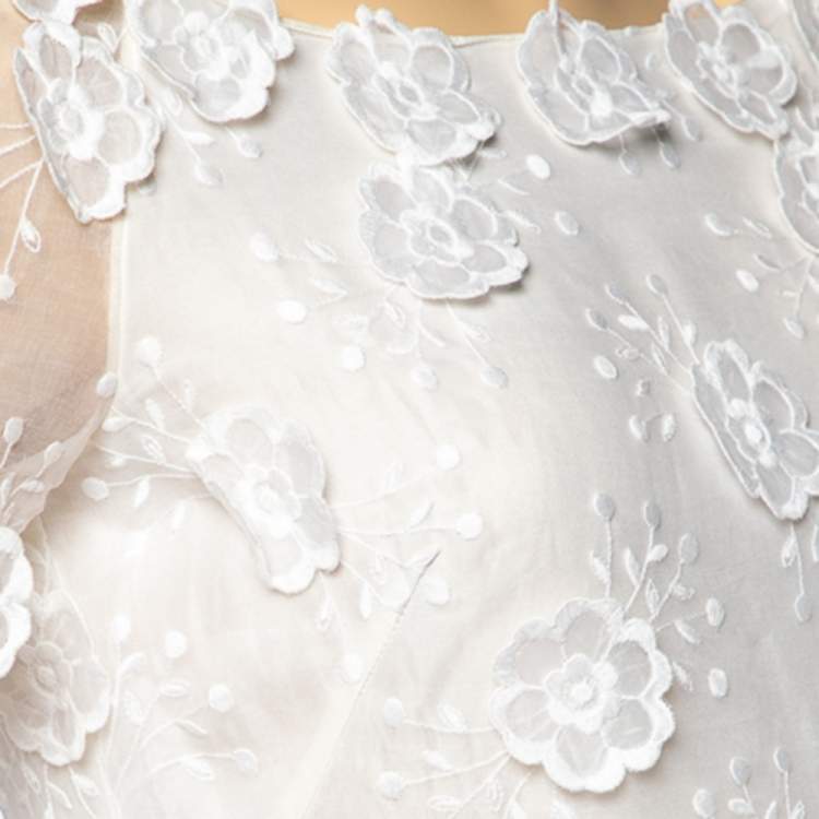 Pre Owned Christian Dior White Embroidered Cotton Floral Applique Detail Dress M