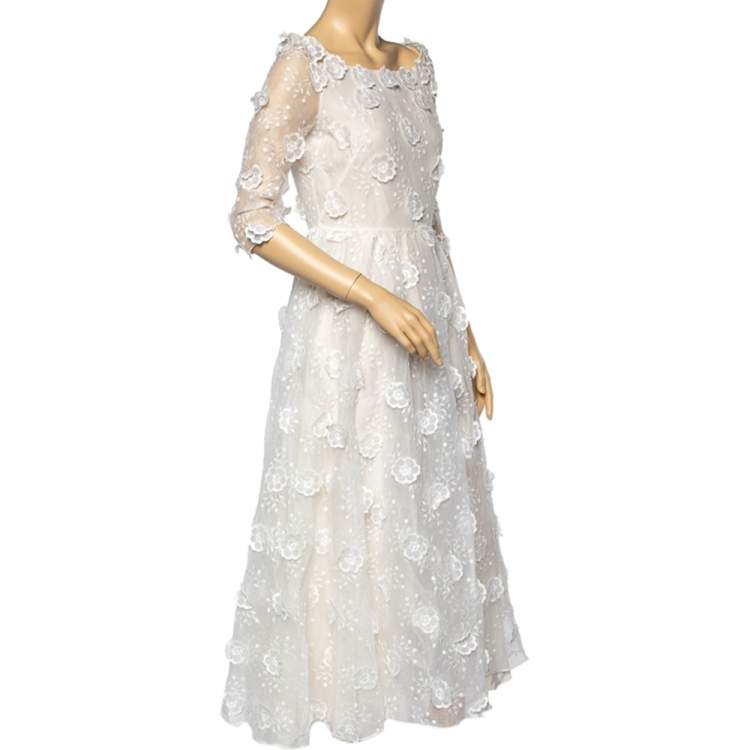 Pre Owned Christian Dior White Embroidered Cotton Floral Applique Detail Dress M