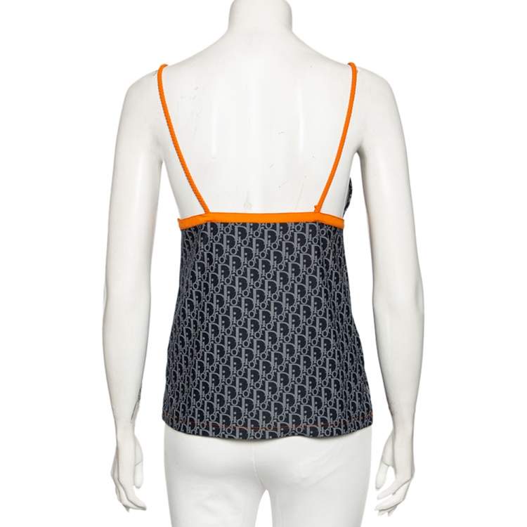 Pre Owned Christian Dior Vintage Navy Blue Logo Monogram Jersey Contrast Trim Camisole M