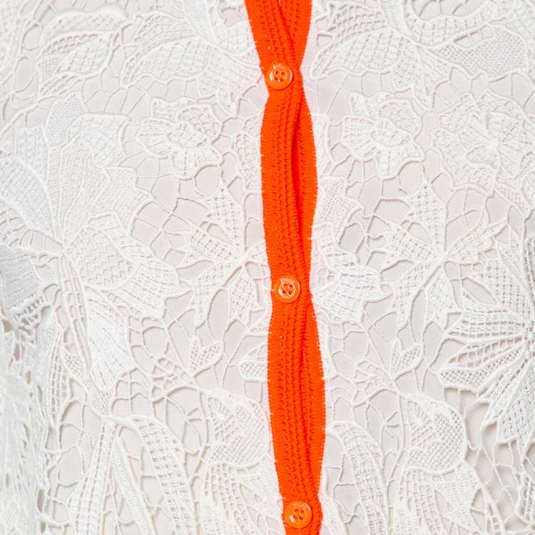 Pre Owned Dior Ivory Guipure Lace & Knit Contrast Neon Trim Cardigan M