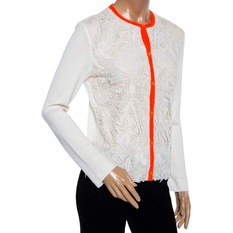 Pre Owned Dior Ivory Guipure Lace & Knit Contrast Neon Trim Cardigan M