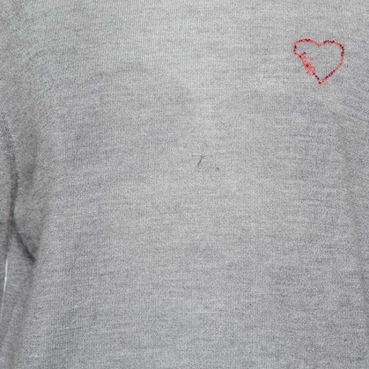 مملوكة مسبقًا Dior Grey Cashmere Heart Logo Embroidered Long Sleeve Sweater L