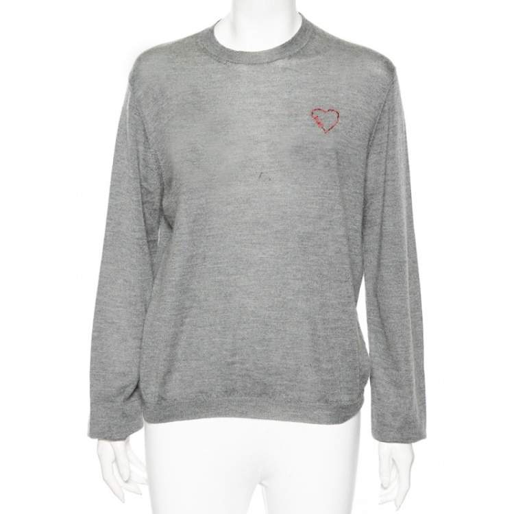 مملوكة مسبقًا Dior Grey Cashmere Heart Logo Embroidered Long Sleeve Sweater L