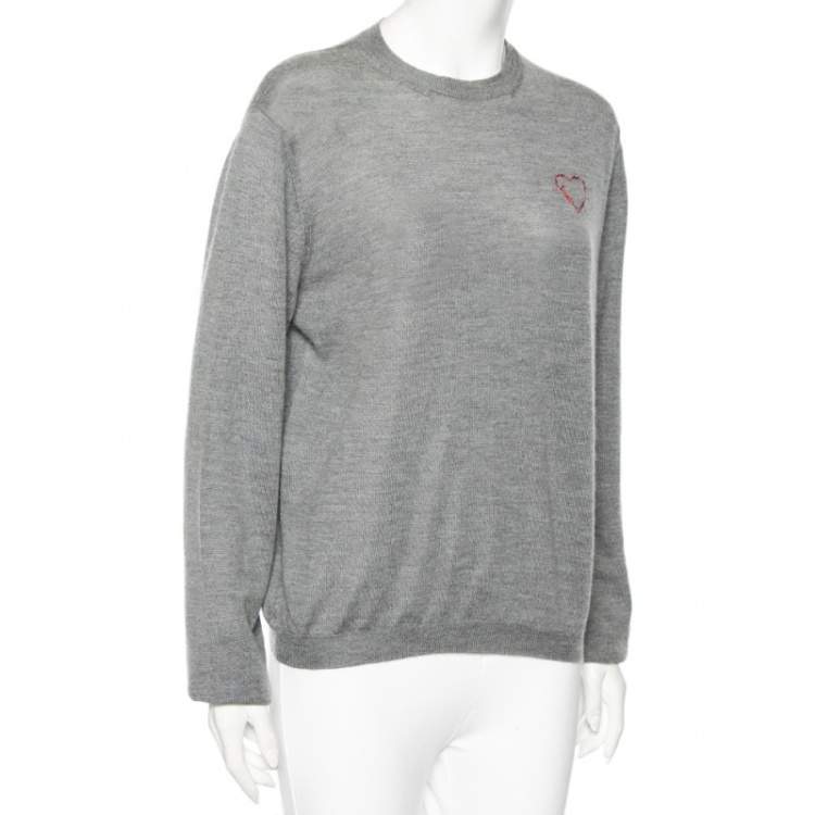 مملوكة مسبقًا Dior Grey Cashmere Heart Logo Embroidered Long Sleeve Sweater L