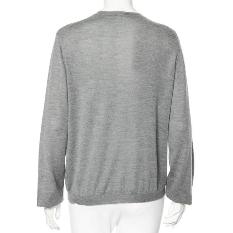 مملوكة مسبقًا Dior Grey Cashmere Heart Logo Embroidered Long Sleeve Sweater L