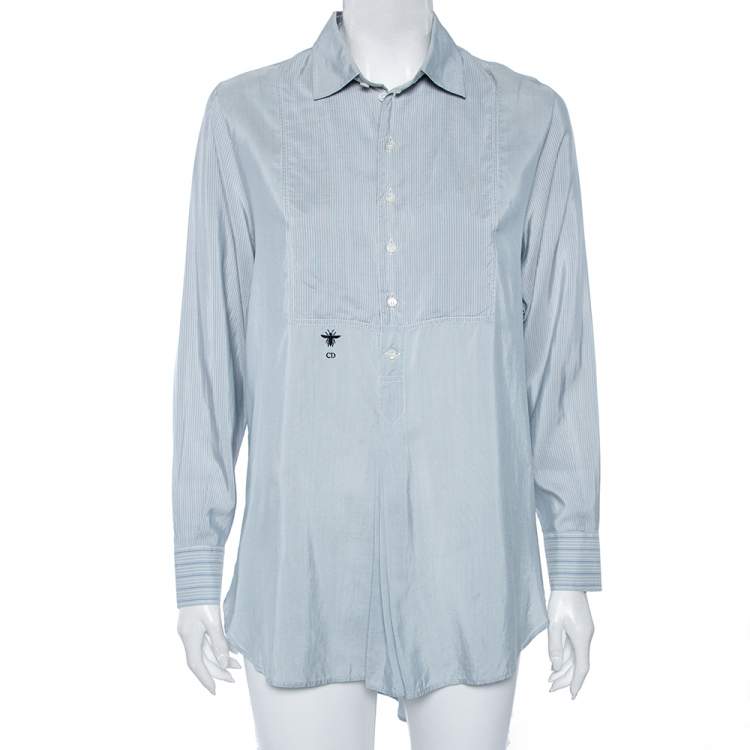 Pre Owned Dior Blue Silk Embroidered Bee Logo Detailed Buttoned Tunic S