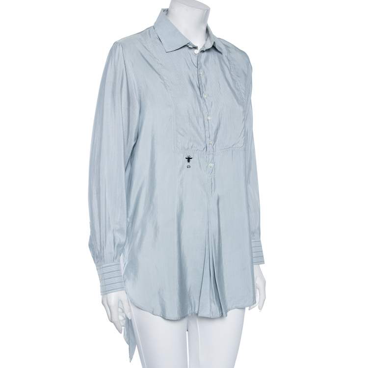 Pre Owned Dior Blue Silk Embroidered Bee Logo Detailed Buttoned Tunic S