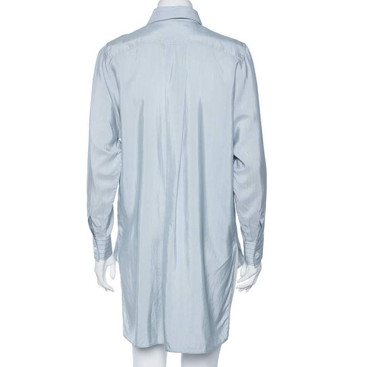 Pre Owned Dior Blue Silk Embroidered Bee Logo Detailed Buttoned Tunic S