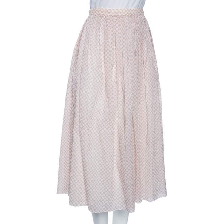 Pre Owned Dior Pink Polka Dotted Cotton Pleated Pleated Midi Skirt M