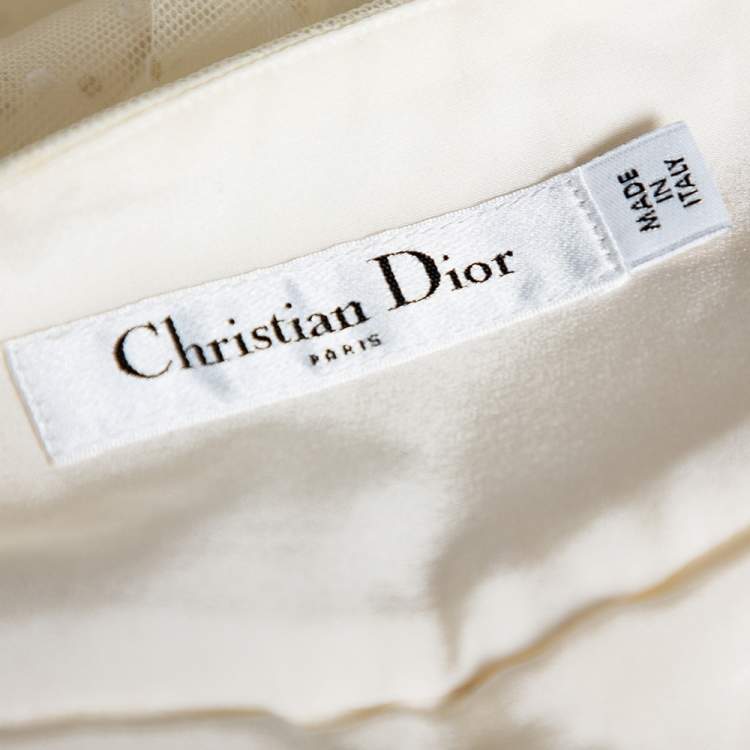 Pre Owned Dior Cream Textured Tulle Overlay Gathered Midi Skirt M