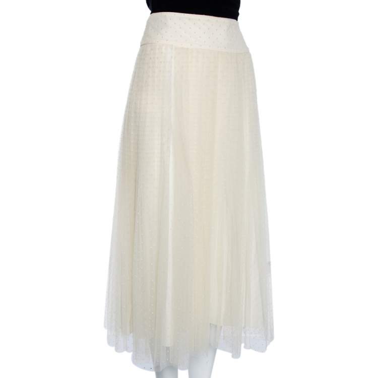 Pre Owned Dior Cream Textured Tulle Overlay Gathered Midi Skirt M