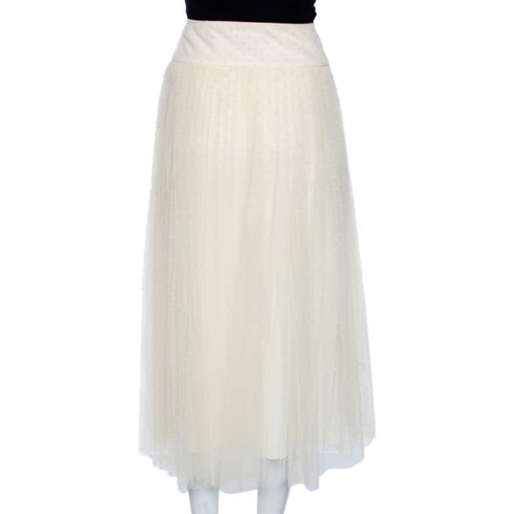 Pre Owned Dior Cream Textured Tulle Overlay Gathered Midi Skirt M